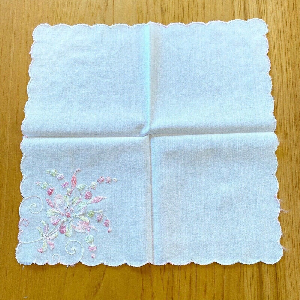 Vintage Handkerchief Hanky Embroidered Pink Green Flowers Scalloped Edge 10" - Picture 4 of 5